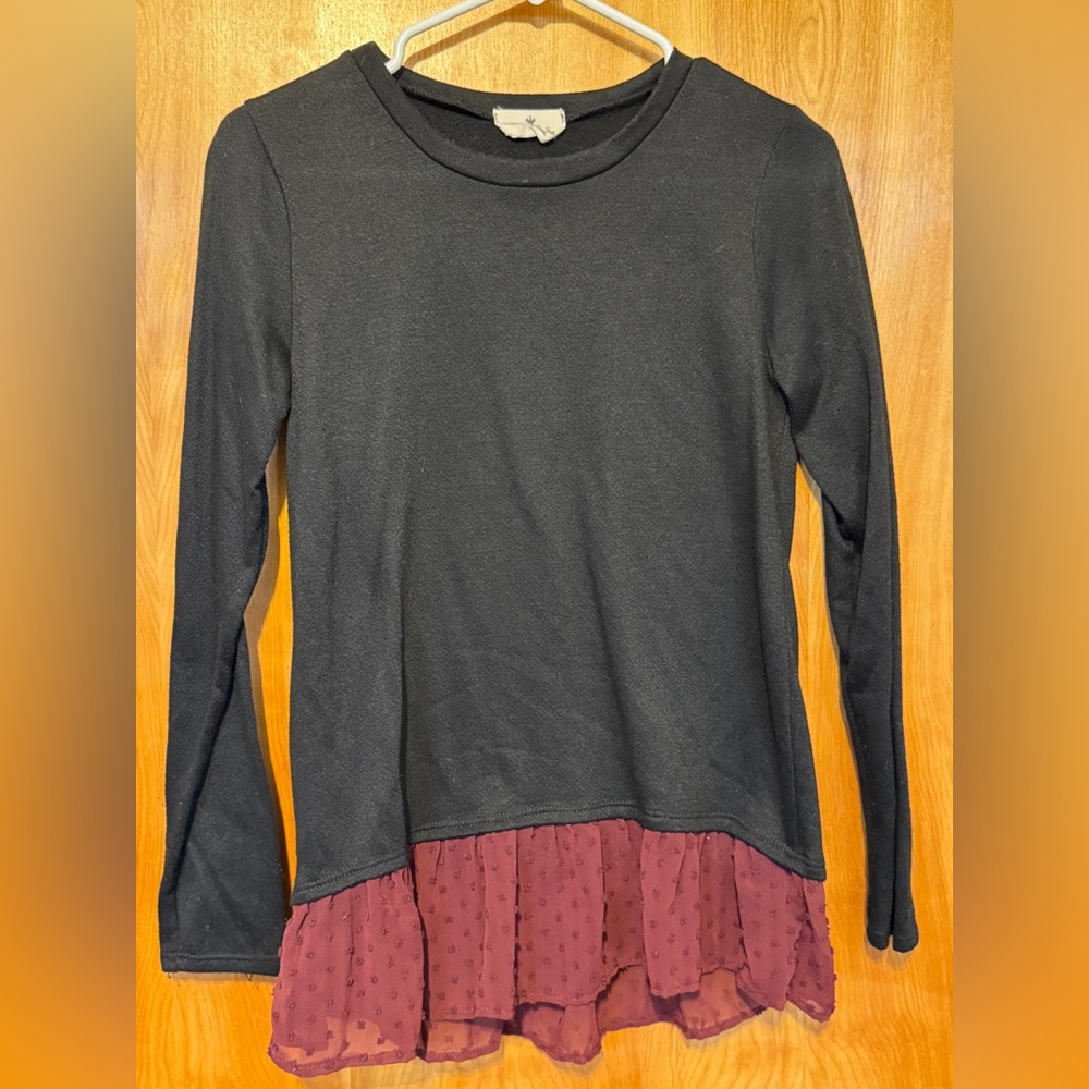 Women's Long Sleeve Top with Ruffle Hem - Black and Purple
